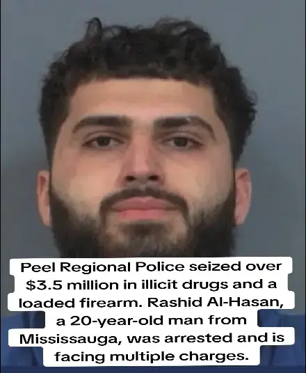 Peel Regional Police seized over $3.5 million in illicit drugs and a loaded firearm. Rashid Al-Hasan, a 20-year-old man from Mississauga, was arrested and is facing multiple charges. #peelregionalpolice 