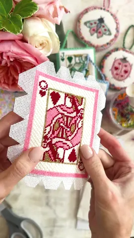Finishing my Queen of Hearts canvas into an ornament  #needlepoint #needlepointtiktok #needlepointornament #needlepointfinishing #asmr #embroidery 