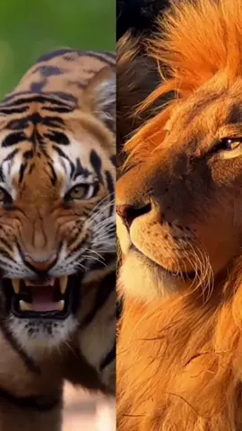 Among all the animals in nature, the lion and the tiger are the ones that most represent strength, agility and power.  These animals are the most admired in nature and have many differences between one and the other.  The biggest differences are in the dimensions and weight of the two predators: an adult male lion can weigh up to 260 kilos and up to 2 meters in length (without the tail), while the tiger is heavier, weighing up to 300 kilos and is quite large. larger than the lion, and can be up to 3 meters long, not counting the tail.  .  The tiger's more orange color with its stripes stands out from the lions' brownish-yellow coat.  The tigers' stripes, contrasting with their white bellies, follow a unique pattern in each specimen, and it is possible to identify different individual tigers according to the arrangement and color of their stripes.  Another big difference when comparing the lion vs tiger, is a very striking characteristic of lions: the presence of a dense mane in adult males, which is identified as a key sexual dimorphism between males and females, something that does not exist in tigers.  Males and females differ simply by size, as females are smaller than males.  .  These animals are a great and wonderful spectacle of nature. #amazing #amazingvideo #beautiful #world #animals #animais #Wonderful #wonderful #lion #tiger #cats #cat #felinos #jaguar #onça#action #naturelover #nature #natureza #Love 