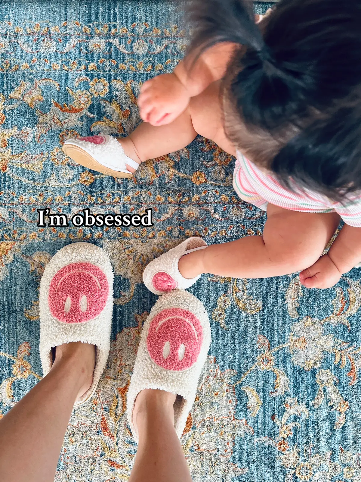 I love matching with my baby girl 💕 even though she just takes them right off 😭😆 #matching #momanddaughter #MomsofTikTok #momlife #toddlermom #momthings #smileyfaceslippers 