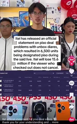 Itel has released an official statement on piso deal problems with unbox diares, which resulted in 6,500 units being designated piso during the said live. Itel will lose 15.6 million if the viewer who checked out does not cancel. #itelissue #itela50 #unboxdiariesitelissue #fypシ゚viral 