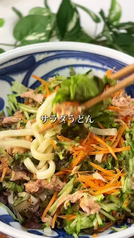 『サラダうどん』 【材料】（1人分） ゆでうどん　1玉 サニーレタス　2枚 にんじん　1/3本 きゅうり　1/3本 ツナ　1缶 麺つゆ三倍濃縮　大2くらい ごまだれ　大2 お好みでラー油　好きなだけ ⭐︎詳しいレシピはInstagramに載っています🍳 　 #15分レシピ #時短レシピ #うどん#サラダ#サラダうどん#火を使わない #男子飯