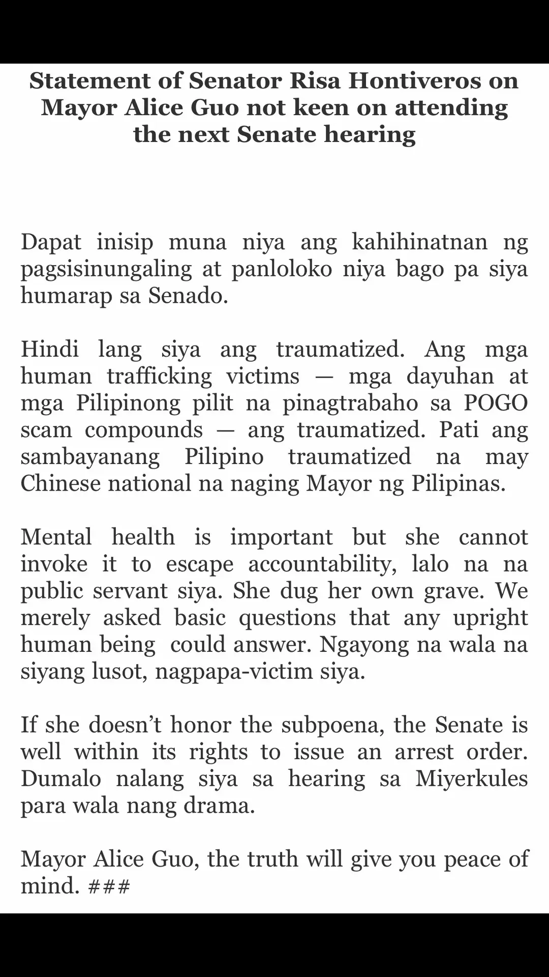 Mayor Alice Guo, the truth will give you peace of mind #aliceguo #mayoralice #risa #riza #senrisa #senriza #senrisahontiveros #senrizahontiveros #risahontiveros #rizahontiveros #senatehearing #senateph 