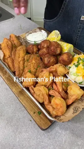 Fisherman’s Platter (aka Seafood Platter).                               Ingredients: **Not everything is measured  3 catfish fillets  Old Bay seasoning  1 egg 1/2 cup yellow corn meal Smoked paprika  Garlic powder                                              Onion powder  Cayenne pepper  1/2 tbs kosher salt  Black pepper  Crab balls: 8oz jumbo lump crab meat  1/2 egg ( or just the yoke) 2 tsp yellow mustard  1 tsp Dijon mustard ( you may use one mustard) Old Bay seasoning                                   Onion powder 2 tsp Worcestershire sauce 6 crushed butter crackers  1 lb tail on Shrimp 1/2 cup Autry seafood breading  1/2 cup club soda  1/2 cup Autry seafood breading (as a dry batter) 1 tsp Low Sodium Old Bay (Optional . If you use regular Old Bay it will be too salty. So, if you don’t have low sodium, use none at all) Other: 2 ears fresh corn on the cob 2 boiled russet potatoes (Green onion, garlic powder, cheese and butter) Oil for frying (i.e. peanut, vegetable canola) Tartar sauce (mayo, relish & fresh 🍋 juice)  #EasyRecipes #fypシ゚ #seafood #seafoodplatter #friedseafood #friedfish 