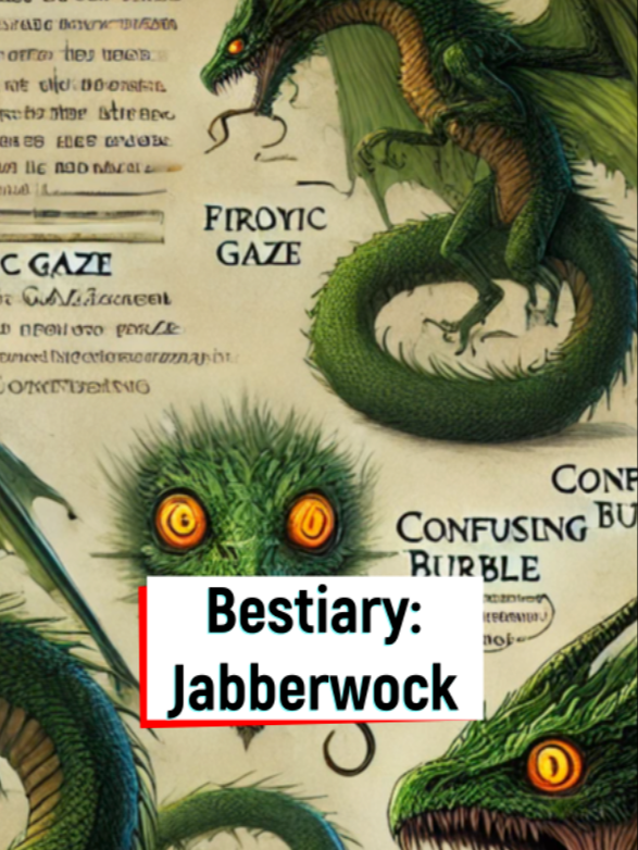 Bestiary Entry 16: Jabberwock - A draconic creature with a unique assortment of weapons at their disposal, including a confusing burble, fire-spewing eyeballs, and an uncanny ability to track its next target across the Feywild. Its weakness being slashing damage may make it seem like an easy foe, but do not be confused by this apex predator's capability.  #dndmonster #dnd #dnd5e #feywild #darkfantasy #darkfantasyai #gamemaster #dungeonmaster #jabberwock