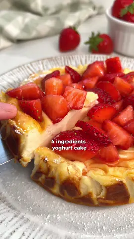 🥣🍰Healthy 4 ingredients Yoghurt cake @healthy_floflo Reasons to love this recipe: ✅ like a cheesecake but healthier  ✅ high protein  ✅ easy baking ✅ 1 bowl recipe ✅ 4 ingredients only Ingredients for 8 slices: ▪️300g thick Greek yoghurt  (I used 5% fage) ▪️50ml honey ▪️20g cornflour (~2 tbsp) ▪️2 eggs Instructions: 🍰In a bowl add all the ingredients and mix until you form a smooth batter. 🍰In a round baking tin (15cm/6 inches) add some baking paper and pour the batter.  Give it a tap/ little shake so it distributes evenly and then add a piece of foil to cover it.  🍰Bake at 180C for 50 mins (remove the foil after 20 minutes). 🍰Once the cake is out of the oven let it cool down into the tin for 20 minutes then transfer it to a plate (keep the baking paper for now). Be gentle while transferring the cake to the plate, it will be a little soft and fragile, but don’t worry, it will settle in the fridge. 🍰Refrigerate for 2 hours. Now the cake had time to settle, remove the baking paper and add some toppings if you like 🍓Optional toppings: I chopped some strawberries and added to a bowl with honey and a squeeze of lemon juice and let it marinade. It was the perfect topping to me.. it is even better the day after when the juices get absorbed by the cake 👌🏼but it can be eaten on its own too 🤗