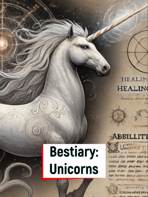 Bestiary Entry 17: Unicorns - Powerful defenders of the Feywild, these magical creatures are known to heal and defend the good-hearted fey of their lands, and heartily defeat any who made invade. #dndmonster #dnd #dnd5e #feywild #darkfantasy #darkfantasyai #gamemaster #dungeonmaster #dungeonsanddragons #dndbestiary