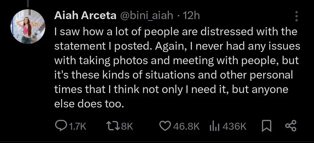 Ate aiah shouldn't be the one who should apologize for some little privacy that she wants. A person who wants privacy to live like us must be respected, hindi lang sa mga sikat na tao kung hindi pati na rin sa lahat, COMMON SENSE NA YUN SA INYO. If a person wants to eat peacefully let them be, if a person wants to have fun with their friends let them be, and if a person wants a little privacy then hindi naman too much of an asking yun 'di ba? I know some people might think na 