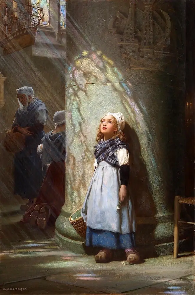 This is ‘The Golden Rays’ by Herbert James Draper.  Draper was known for his mytholgical narratives, but this is my favourite painting he’s done.  In this simplistic still, a young girl stands with a mesmerised gaze at the dappled rays of light from a stained glass window. While others walk behind her unfazed, she takes a minute to take in the entracing light before her.  Draper’s skilful illustration of the soft light is not only mesmerising to the young girl, but to us too.  This painting is simple, but undoubtedly beautiful.  #artistsoftiktoks #arttok #foryou #arte #painting #viralvideo #artjournal #lanadelrey #beauty #arthistory 