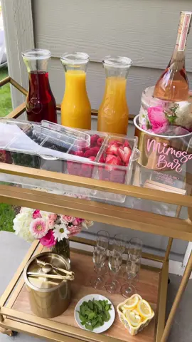 Set up a mimosa bar cart with me! 🍾🍊🍓🫐 Just pour bubbly, add juice, and top with fruit! Everything is linked on my AMZ and LTK under Parties. Cheers! 🥂 #mimosabar #barcart #bridalshowerideas 
