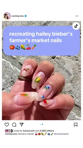 recreating hailey bieber’s farmer’s market nails 🍅🫐🌽🍒🥕 @Zola @Hailey Bieber  products used: clueless, bikini bottoms, that’s the ticket, barry, raphael, leonardo, lady in red, limoncello, head in the clouds, everlasting gobstopper, hide the rum!, & totally gelly.  #summernails #haileybiebernails #fruitnails #nailartvideos #nailartinspo #nailtrends #farmersmarket 