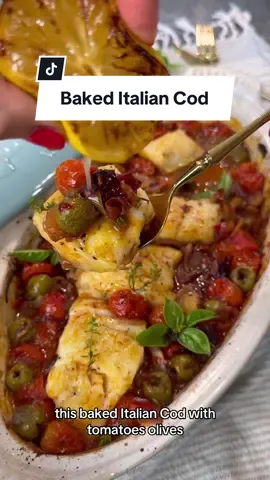 Baked Italian Cod with Cherry Tomatoes, Olives and Calabrian Peppers- so much flavor in a one dish wonder  Ingredients:  4 Cod Filets  12 oz cherry/grape tomatoes  1/2 cup @bonodisiciliausa Castelvetrano olives  1 whole spring red onion  1 tbs @bonodisiciliausa Calabrese peppers  1/4 cup olive oil 1 tsp oregano  3-4 thyme sprigs  3 garlic cloves, crushed  2 tsp salt  Back pepper, to taste  1/4 cup white wine  Grilled lemon, for garnish  Basil leaves, for garnish  Method:  1. Preheat oven at 450 F;  2. Add tomatoes, sliced spring red onion, garlic, oregano, olive oil, Calabrian chili pepper, salt and pepper to a baking dish and mix well; roast for about 20 minutes;  3. Once veggies have softened, add wine; season Cod filets with olive oil, salt and pepper and nest them into the veggies;  4. Roast for another 12 minutes until bubbly and enjoy with some lemon!  #bakedcod #onepanmeal #italianrecipes #bakedfish #recipeshare #lowcarbfood