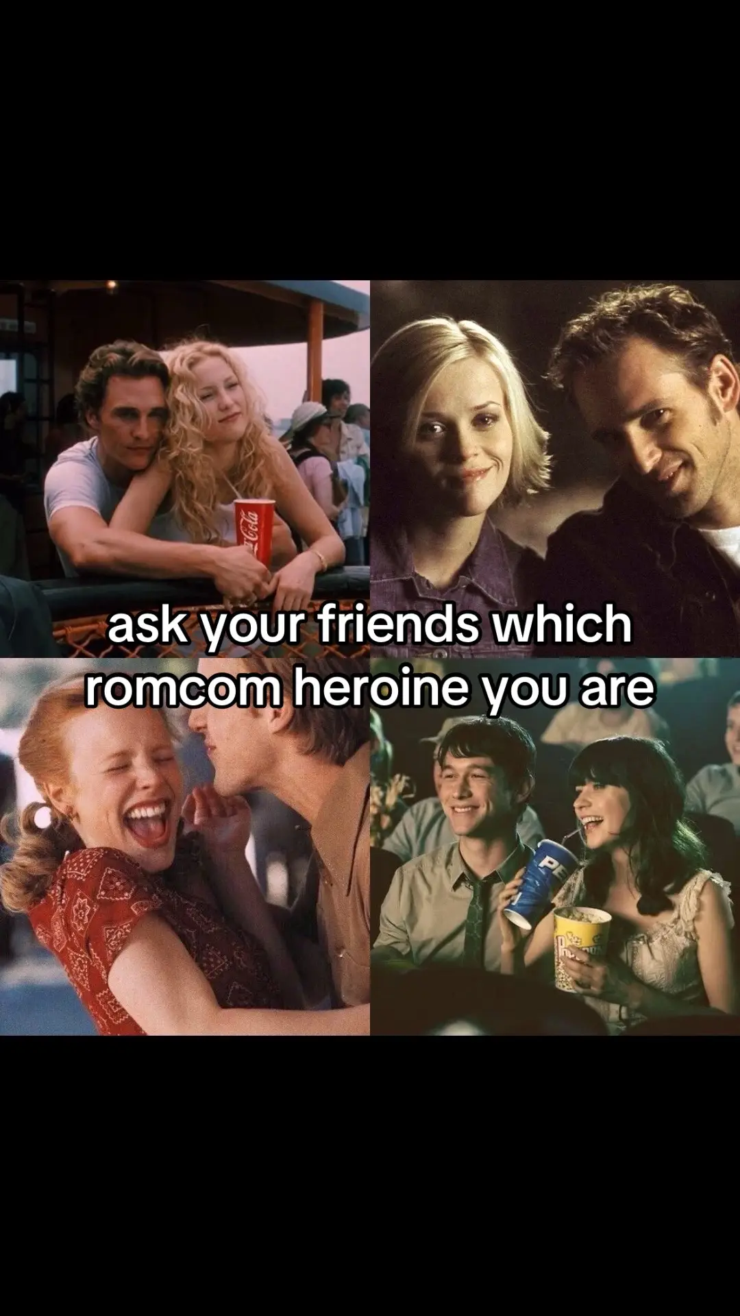 Anyone else miss the Golden Age of Rom-Coms? Tag your friends and find out which heroine you are! #romcom #romcoms #howtoloseaguyin10days #everafter #sweethomealabama #10thingsihateaboutyouedit #thenotebook #clueless #prideandprejudice #breakfastattiffanys #500daysofsummer #theholiday #aknightstale #foolsrushin #27dresses #misscongeniality 