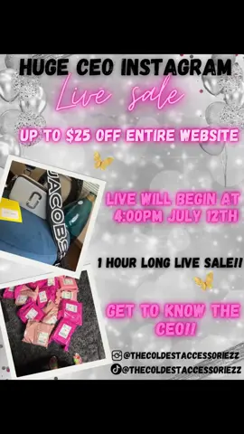 July 12th at 4PM, I will be doing an hour-long Instagram live sale! During this live sale we will talk about anything and everything!! The live will be like a girl chat so you guys could get to know me ( The CEO ) and I get to know who you guys are. Not only will we chat with each other, but you could get up to $25 OFF the entire website just by joining the live!! Be sure to join so you won’t MISS out on our HUGE SALE, as well as getting to know the CEO! Hope to see you July 12th at 4pm 🥰!! Follow our instagram @thecoldestaccessoriezz so you could be updated on upcoming sales and giveaways.