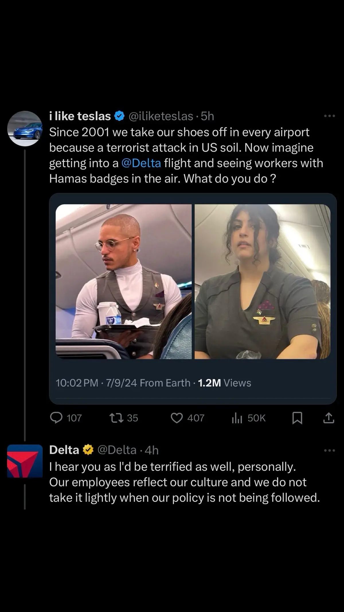 Delta Airlines said in a Tweet that they are “terrified” that two of their Flight Attendants wore Palestinian flag pins while on duty. What are your thoughts? 🤔 #delta #deltaairlines #boycott 
