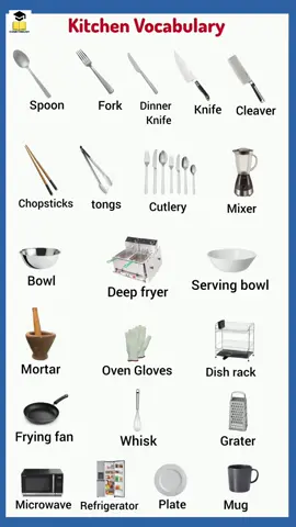 Kitchen  Vocabulary / Kitchen equipment Names in English #englishconversation #englishvocabulary #englishvocabulary #englishlearning #لغة_انجليزية #انجليزي_للمبتدئين #foryou #foryoupage #trending #viral 