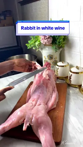 RABBIT MEAT 🐇  What do you call Rabbits in your native language?  INGREDIENTS: 🔺Olive oil,  🔺Rabbit, cut up  🔺 Garlic Cloves, (chopped) 🔺1 cup dry white wine 🔺 ½ cup Rabbit stock/ chicken stock. I made some with the rabbit scraps.  🔺 Salt  🔺 Thyme 🔺 A splash of water Preheat oven to 176C Put the pan with the rabbit pieces into the preheated oven and roast for about 30 minutes NB: Don’t be like me, I realized I couldn’t use my stainless steal pan in the oven because of the handle a bit too late. ⏰ 😂 It still tasted Devine when I changed the pan. 😋 #rabbit #rabbitrecipe #kamwari #fyp 