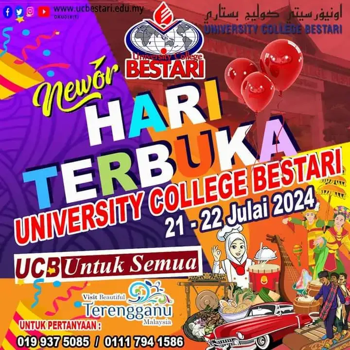 Mari pakat newor! Hari Terbuka University College Bestari pada 21 & 22 Julai 2024. Pelbagai aktiviti menarik akan diadakan, antaranya gerai pameran dari badan-badan kerajaan dan swasta, gerai jualan, gerai jualan rahmah, sukan rakyat, senamrobik, pertandingan memasak, persembahan kebudayaan, dan pelbagai lagi.  Kami Fakulti Ekonomi dan Pengurusan turut buka booth pameran ya...jumpa kami di UCB untuk info lanjut tentang program yang ada!!! Jangan lepaskan peluang ini! Semua dijemput hadir. 