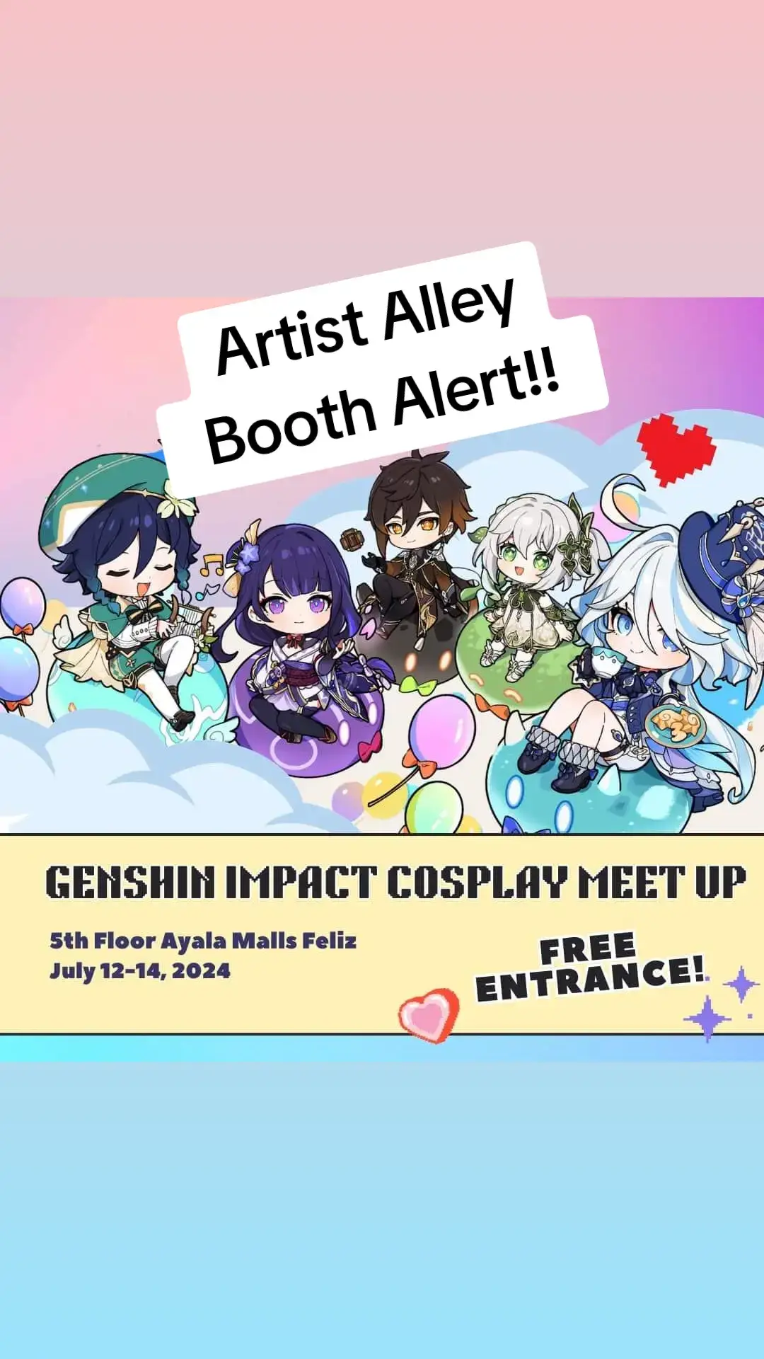 hello!! we will be on the artist alley side on genshin impact meetup on Ayala Malls feliz this friday saturday and Sunday. pls drop by!!! we have a lot of surprises for you guys!! #GenshinImpact #genshin #tatsukearts #venti #raiden #nahida #siggewine #furina #zhongli #xiao #kazuha #artistalley #genshinmeetup #genshincosplay 