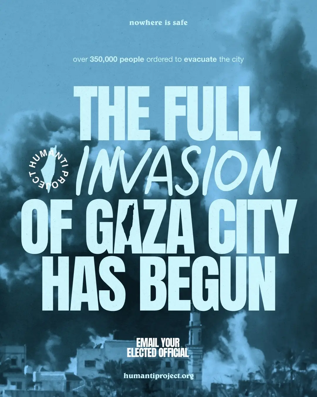 The Israeli occupation forces have initiated a new wave of terror, forcibly displacing residents of Gaza City and North Gaza, resulting in another significant wave of internal displacement. - The occupation has told every Palestinian in Gaza City they must evacuate south immediately, signaling the beginning of another full invasion of the already crumbling city.  - Several civilians fleeing have said that people have been shot dead while they were leaving the city, according to a Gaza journalist. - Bodies are “filling the streets” in Gaza City and at least 30 Palestinians have been killed as Israeli soldiers storm the Tal al-Hawa neighbourhood, says Gaza Civil Defence spokesperson Mahmoud Bassal. It is estimated that over 350,000 Palestinians are in Gaza City. Ordering forced displacement is illegal under international law. The two ‘humanitarian corridors’ Israel has designated for evacuation are littered with decaying bodies, as occupation forces are reportedly indiscriminately shooting any man, woman, or child attempting to move on foot. 👉 Email your elected official now! Use the free template in @humantiproject’s bio or visit HumantiProject.org 👈