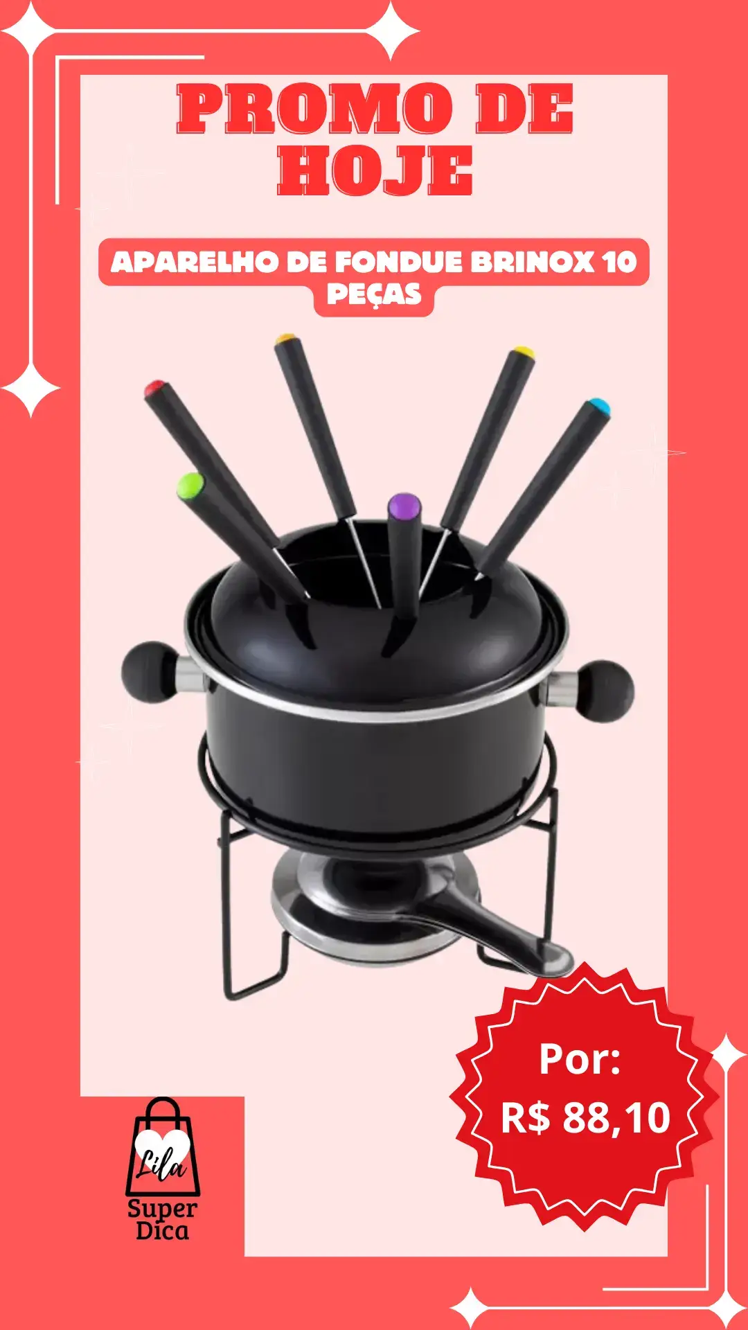 Aparelho de Fondue Brinox 10 Peças Por apenas: R$ 88,10 Me siga no Instagram #fondue #fonduedechocolate #fonduedequeijo #aparelodefondue #influenciadormagalu