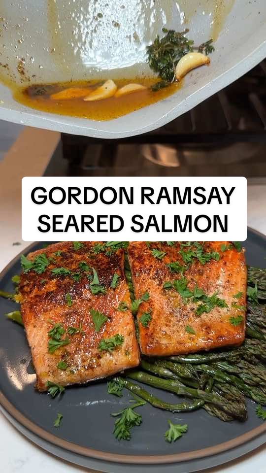 HERE’S THE BEST WAY TO COOK SALMON - recipe by @Gordon Ramsay 👇🏼 2 salmon filets 1/4 tsp salt 1/8 tsp black pepper 1/8 tsp paprika 1 tbsp olive oil 1 tbsp butter 4 cloves of garlic 4 sprigs of thyme Let the salmon come to room temp. Pat the salmon dry, especially the skin then score the salmon skin. Season both sides with salt, pepper & paprika. Rubbing into the slits! Heat skillet over med heat. Then add the oil (after the pan is hot). Add salmon, skin side down, press down with a spatula. Cook for 2 mins, flip & cook for another 2 mins. Flip again, reduce the heat to low & add butter, garlic & thyme. Baste for 4 mins. Zest with lemon zest, juice & parsley. 