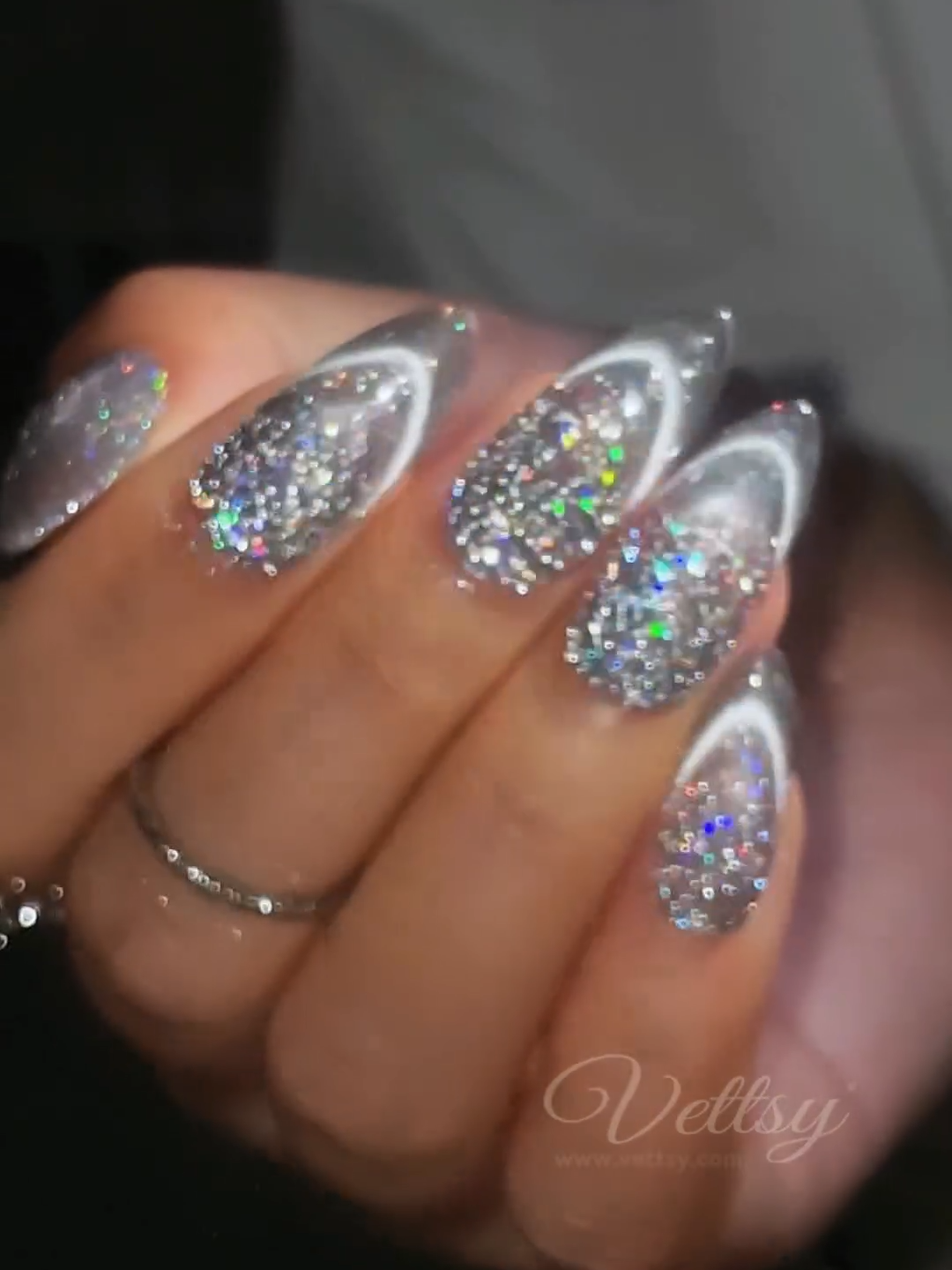 French glitter nail ✨ 🛒Products Used: ✨Holo Diamond Gel(In Anniversary Box Only) ✨Super Cat Eye Gel-Fine ✨Magnet For Cat Eye Gel-02 #vettsynails#glitter#nails#fypシ゚viral#beauty#frenchtipnails#reflectiveglitter