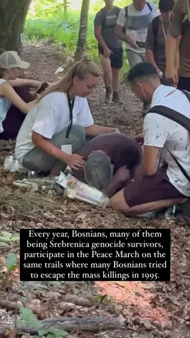 A Bosnian man breaks down in tears on the same trail that Bosnians tried to escape the mass killings in 1995. Yesterday marked 29 years since the Srebrenica genocide in which 8372 Bosnian men and boys were brutally murdered by Serb forces after the forces entered the UN safe area of Srebrenica.