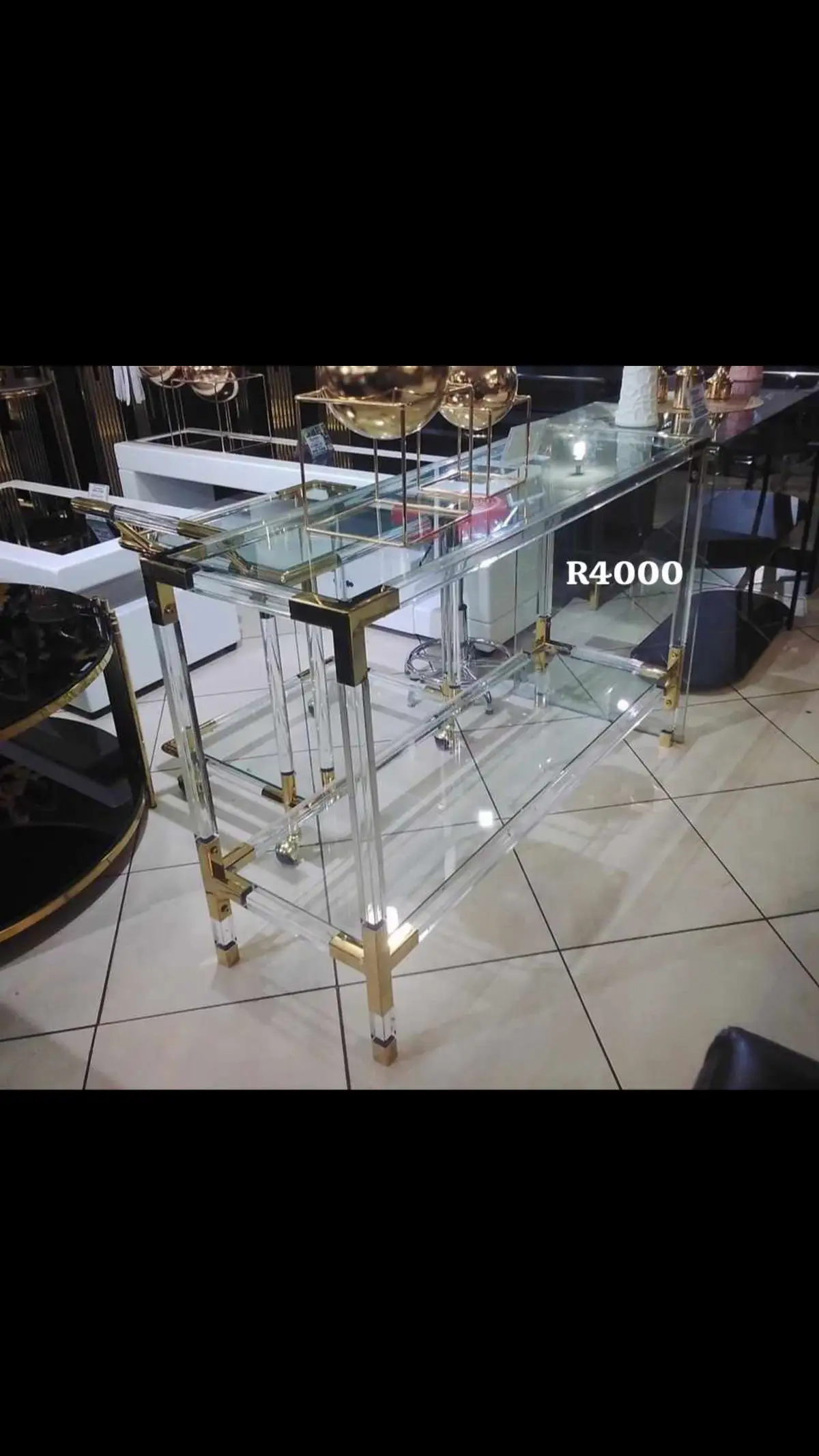 Clear acrylic and metal console table R4000 #consoletable #furniture 