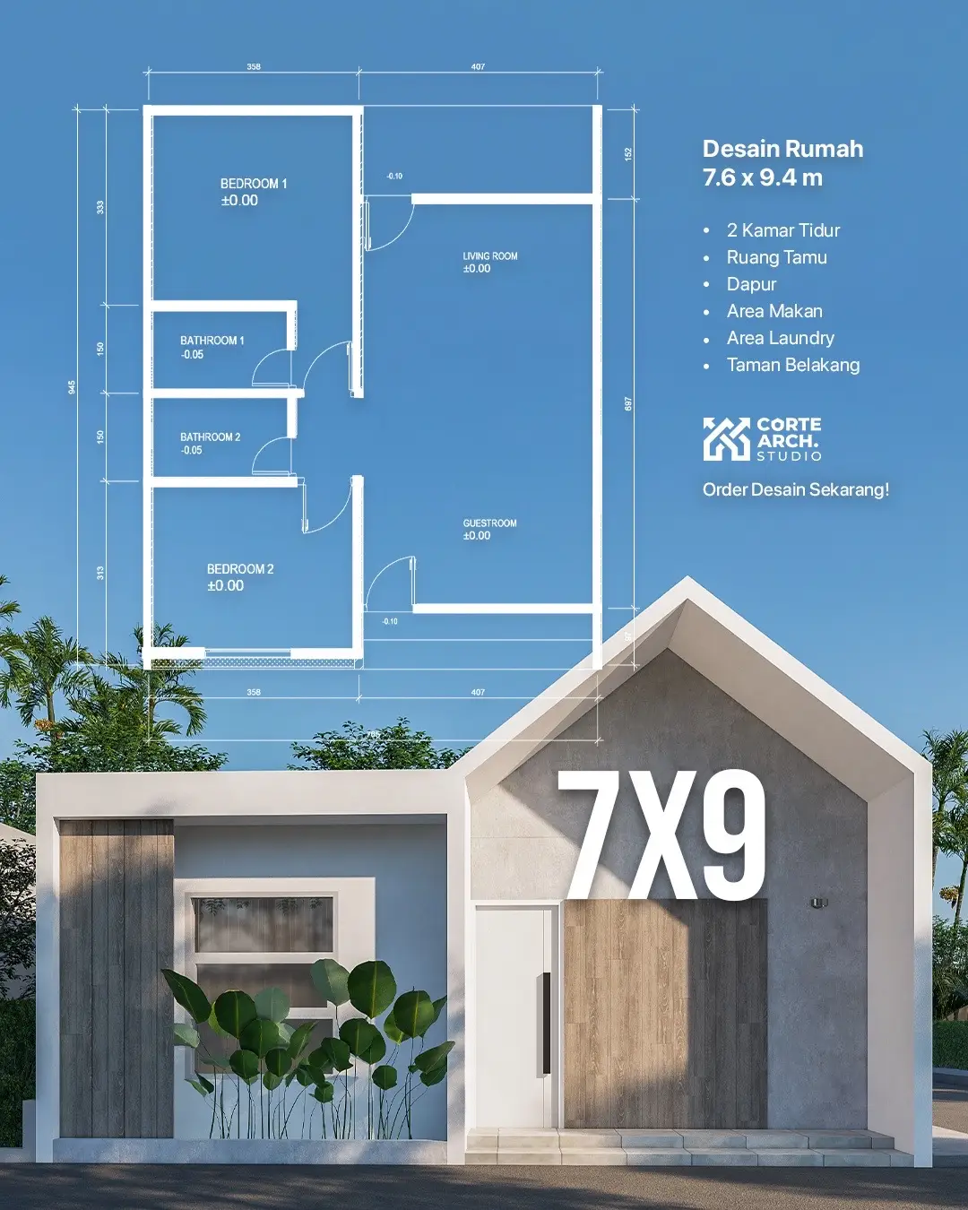 Desain Rumah 7x9 meter (7.6 x9.4) 2 Kamar Tidur Rung Tamu Dapur Area Makan Area Laundry Taman Belakang #house #architecture #jardin #jardim #arquitectura #arquitectura #Architektur #Architettura #Архитектура #العمارة #Arquitetura #Architectuur #Mimarlık #housedesign #homedecor #homedesign #homesweethome