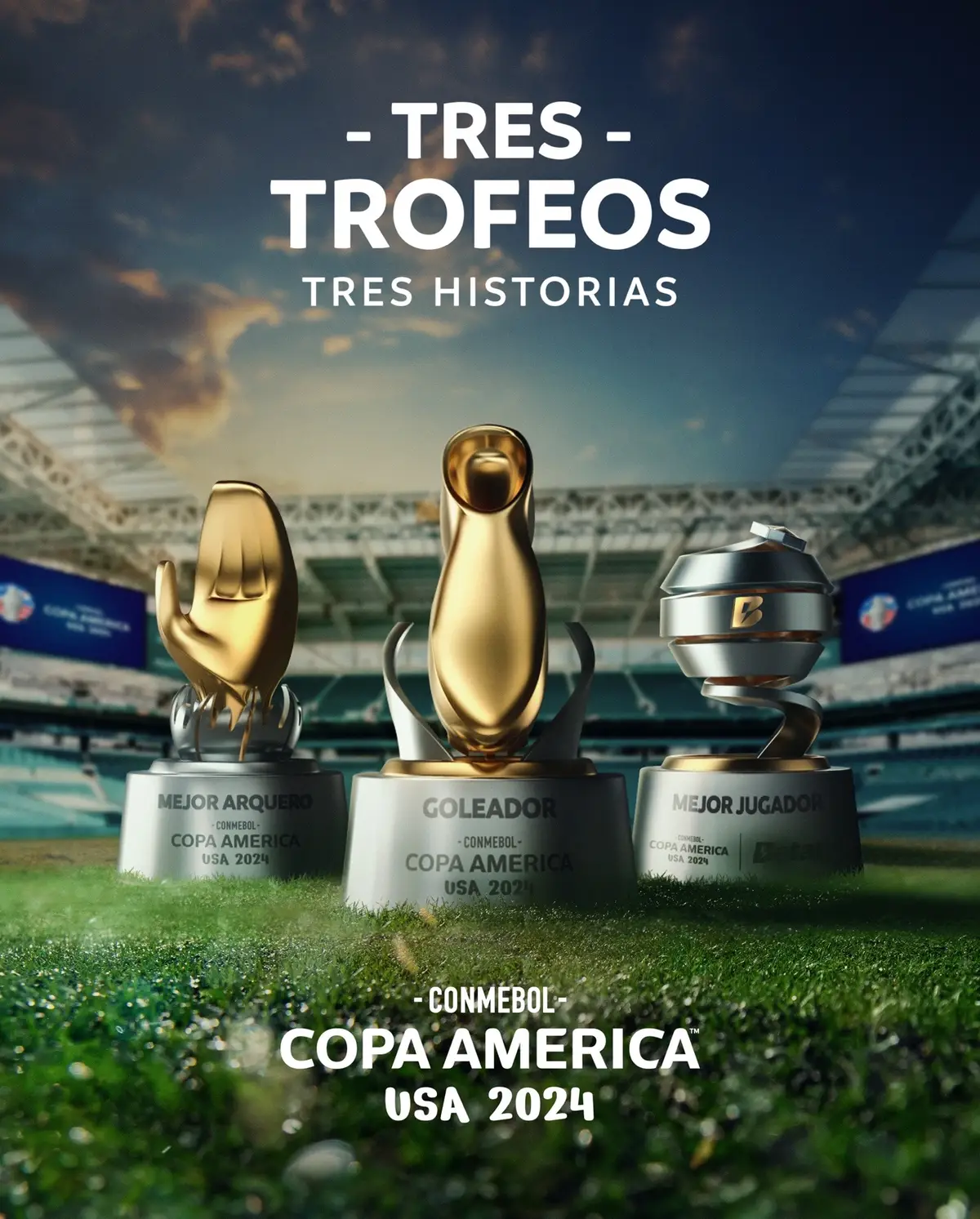 Brillando con luz propia 🌟   Estos son los tres trofeos individuales de la CONMEBOL Copa América USA 2024™️: Mejor Jugador, Goleador y Mejor Arquero 🤩