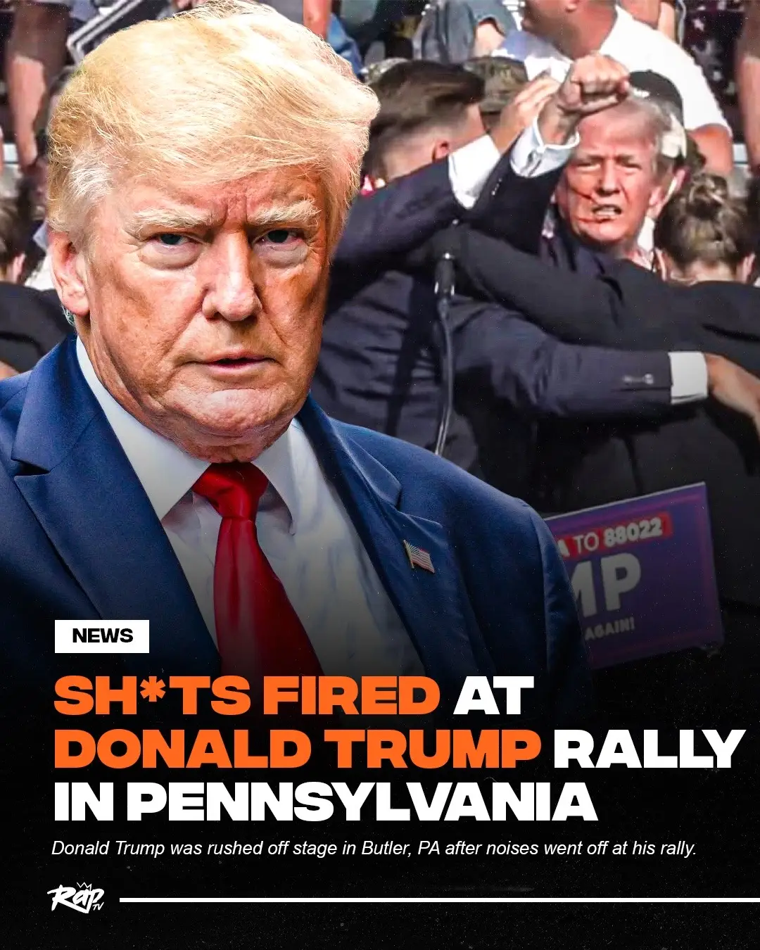 Sh*** were fired at #DonaldTrump during his rally today, however he is reportedly “fine” according to spokesperson Steven Cheung said he is “fine and is being checked out at a local medical facility.” Thoughts⁉️ #RapTV 