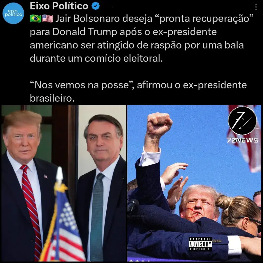 O ex-presidente Jair Bolsonaro se solidarizou com o ex-presidente dos Estados Unidos Donald Trump, que neste sábado (13) saiu ferido de um comício no estado da Pensilvânia após tentativa de ass4ssin4to. “Esperamos sua pronta recuperação. Nos veremos na posse”, disse Bolsonaro. Trump participava de um comício eleitoral em Butler, na Pensilvânia, quando o atentado a tir0s ocorreu. Trump fazia um discurso quando os disparos começaram.  Agentes do Serviço Secreto se atir4ram em cima de Trump para protegê-lo e, depois, o retiraram do local. O ex-presidente foi visto saindo com um sangr4mento no rosto. #Trump #Donaldtrump #Bolsonaro #fyp #foryou 