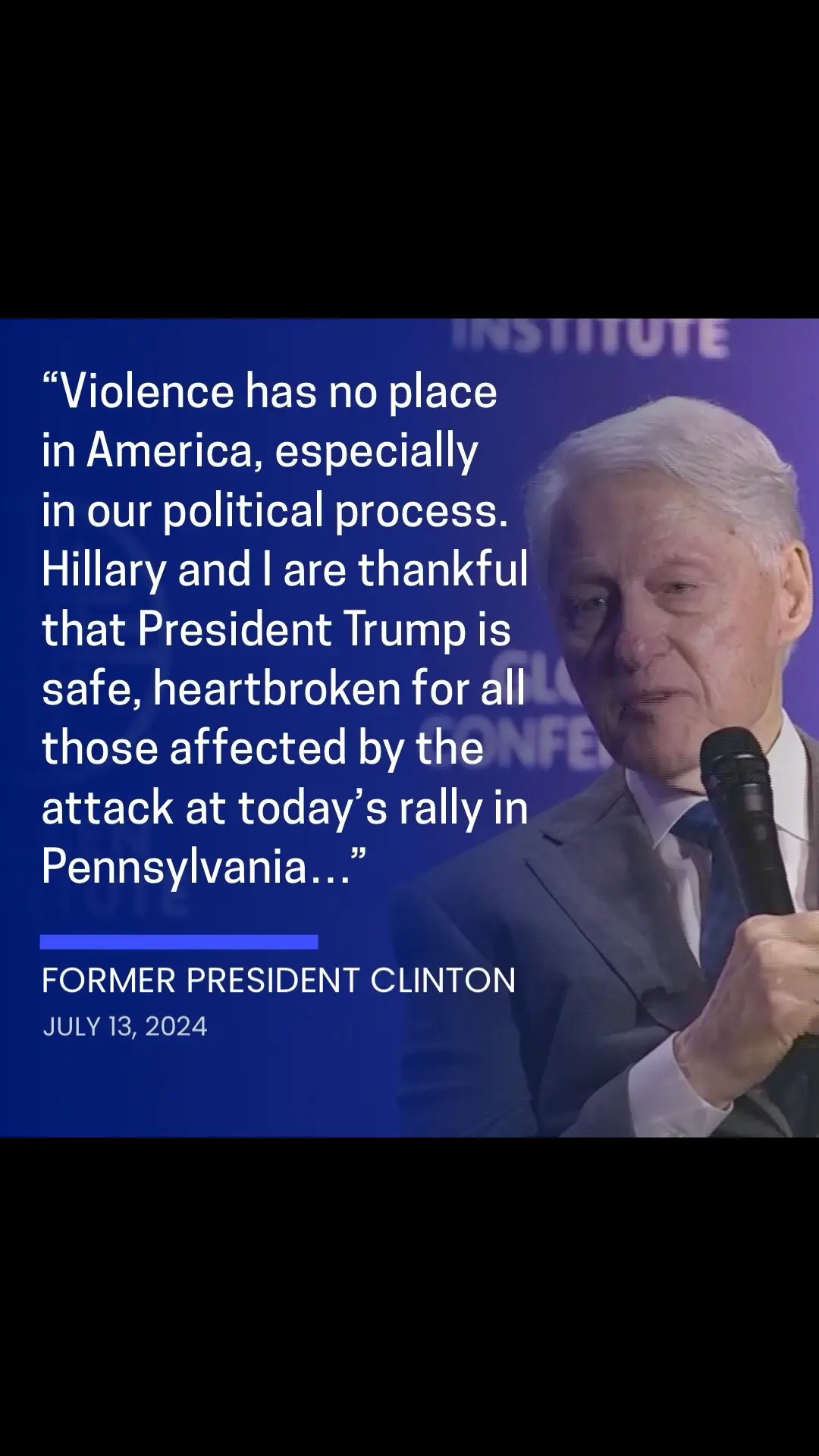 Former President Clinton issued the following statement after the shooting at former President Trump’s campaign rally on Saturday:   “Violence has no place in America, especially in our political process. Hillary and I are thankful that President Trump is safe, heartbroken for all those affected by the attack at today’s rally in Pennsylvania, and grateful for the swift action of the U.S. Secret Service.” #billclinton #donaldtrump #cspan 