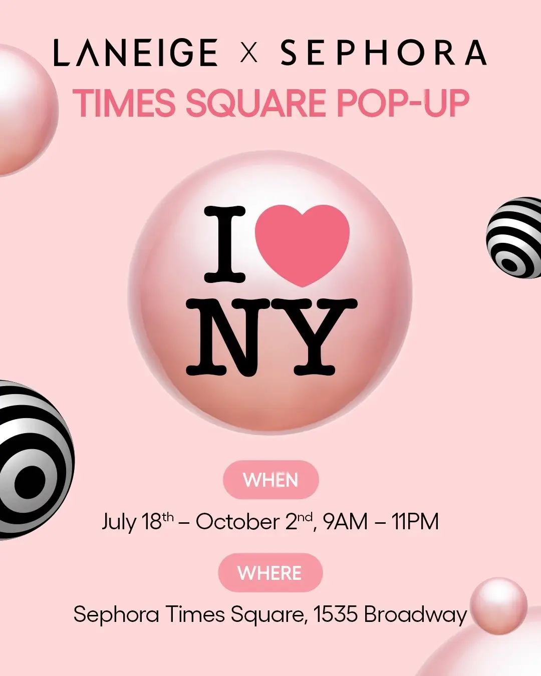 Heads up, NYC besties! We're painting @sephora Times Square pink this summer! 🌺🗽 Who's ready for everything Bouncy & Firm and oh-so-pretty-in-pink goodness? 📍: 7/18 - 10/2 📆: 1535 Broadway, New York, New York 10036 You don’t want to miss this epic pop-up filled with… 🕹️Games 🎉 Weekend activities 🎁 Gifts 💕 Samples & lots more! See you there! 🌸 #laneigeus #nyc #nycevents #nycpopup #sephora #viralkoreanskincareproducts #essentialskincare #summerskincare