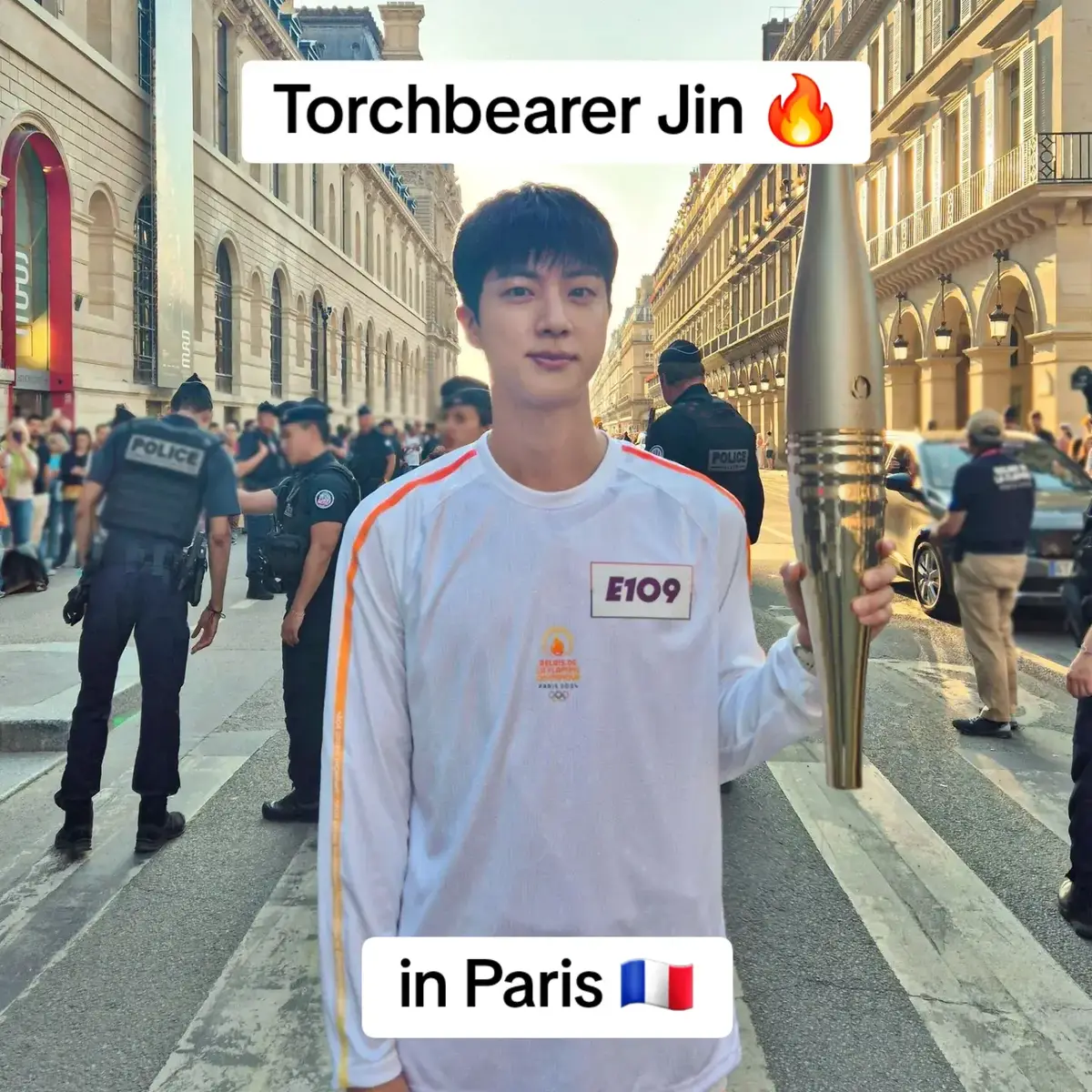 Torchbearer Jin carrying the Olympic Flame in Paris today 🥹💜 #jin #seokjin #kimseokjin #bts #btsarmy #boragroup #olympicflame #olympics #paris #btsedit #viral #foryoupage #foryou #fyp 