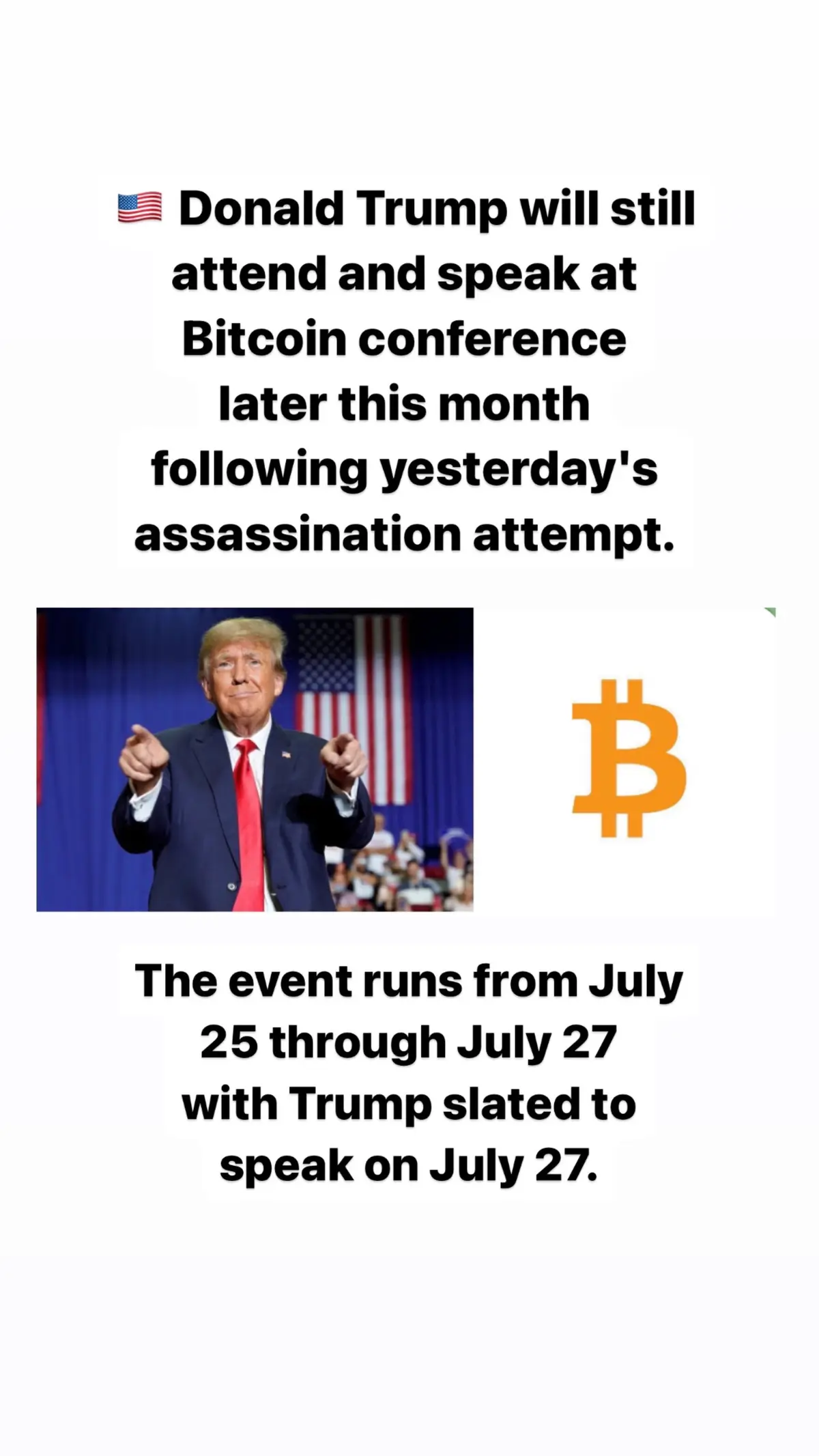 🇺🇸 Donald Trump will still attend and speak at Bitcoin conference later this month following yesterday's assassination attempt. #donaldtrump #trump2024🇺🇸 #fyp #cryptonews #womenincrypto #cryptotok 