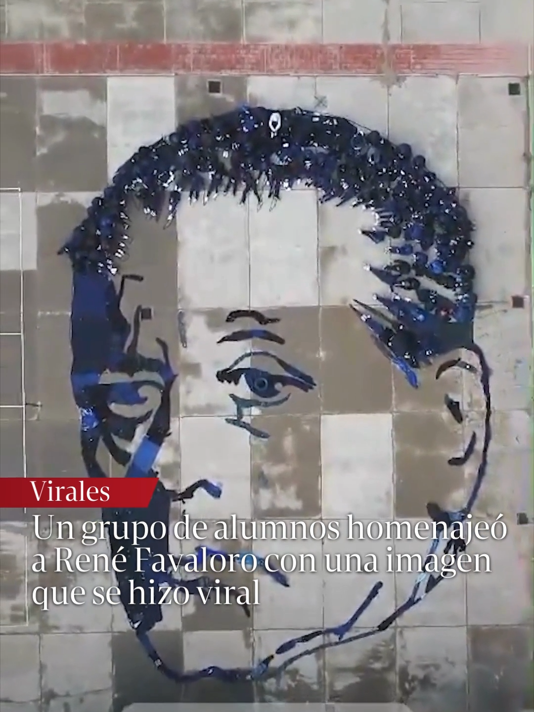 HERMOSO HOMENAJE | Alumnos del colegio Fortín Mercedes realizaron una imagen gigantesca de René Favaloro para promover su mensaje. La cara se hizo con camperas y trapos; y para el pelo los alumnos se ordenaron y se sentaron en el piso del patio.