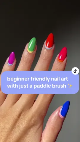 beginner friendly nail art with just a paddle brush 💙 products used: st. clair + skip it banana split + tranquila y tropical + juke box baby + that’s the ticket! + hide the rum! + hot stuff +  frenchy + sunday in santorini + totally gelly. #summernails #easynails #colorfulnails #summerinspo #nailartvideos #simplenails #nailhack #nails #nailart #frenchnails 