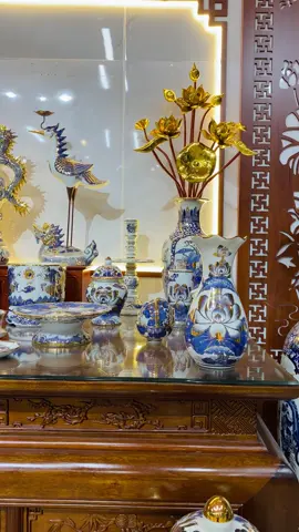 Bộ thờ men lam sứ khử hàng vẽ tay thủ công,vẽ vàng 24k