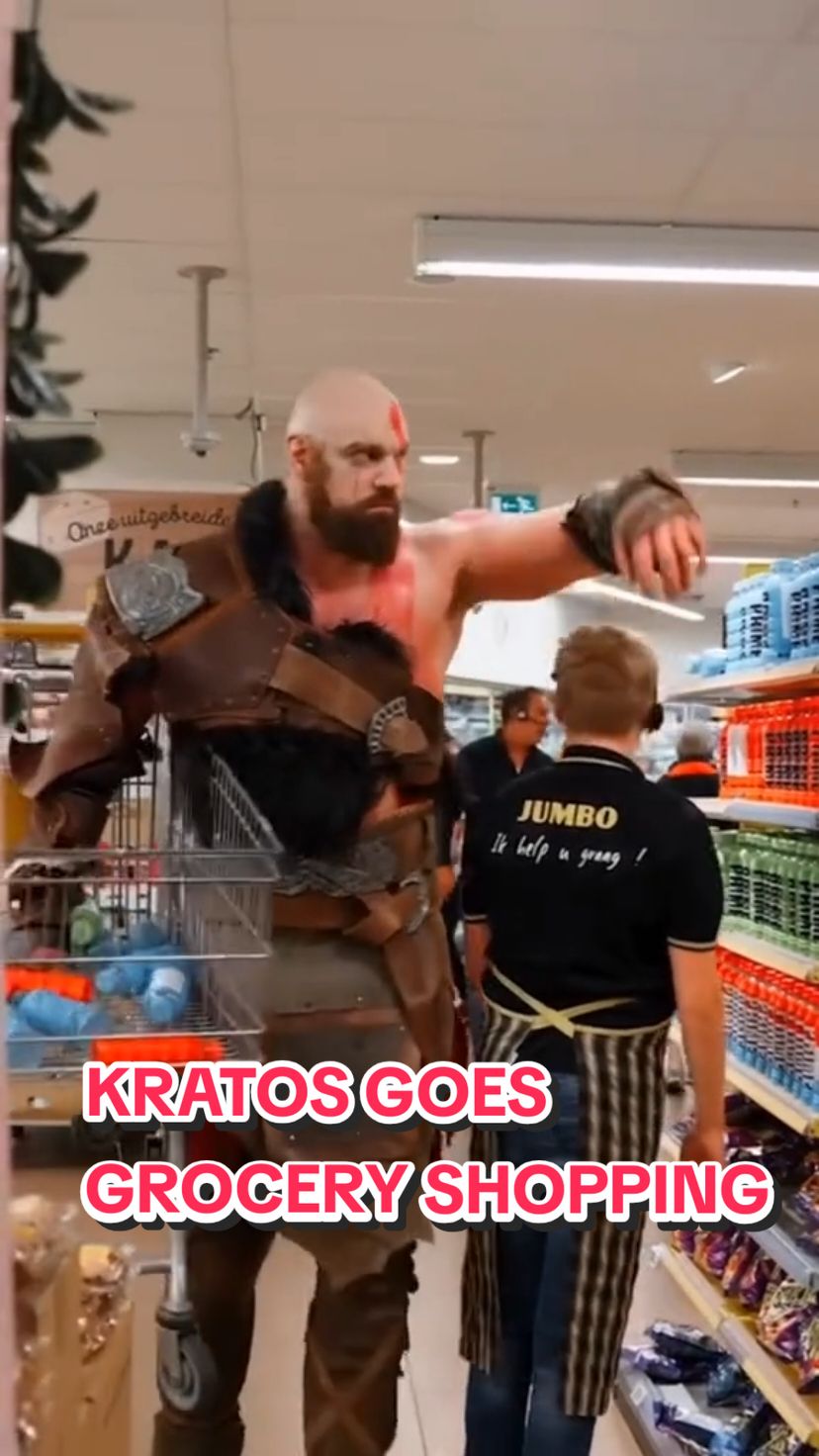 When Kratos goes grocery shopping.. . The Kratos Cosplayer is @The Dutch Giant  #kratos #kratosgodofwar #kratoscosplay #gamermemes @PlayStation 