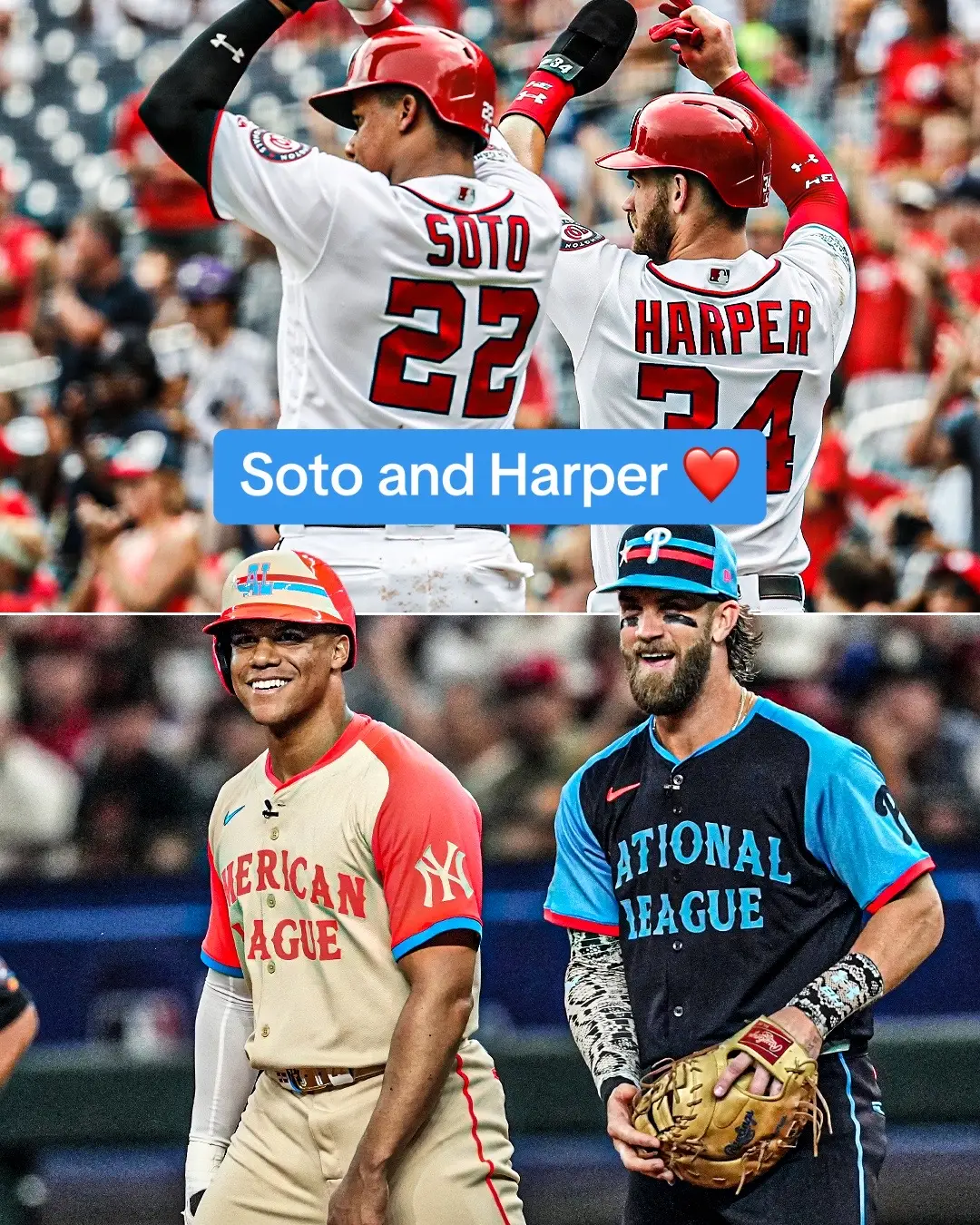 All smiles between these old #friends at the #MLB #AllStarGame 😄🙌 #JuanSoto #BryceHarper #baseball  