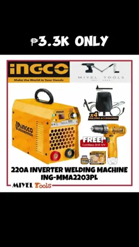 INGCO portable IGBT inverte ARC welding machine 220A pure copper ING-MMA2203PL w/free cordless drill 12V. grabe ang ganda nito kaya order na. #weldingmachine #inverter #inverterweldingmachine #mma #igbt #welder #welding #cordlessdrill #ingco #fyp 