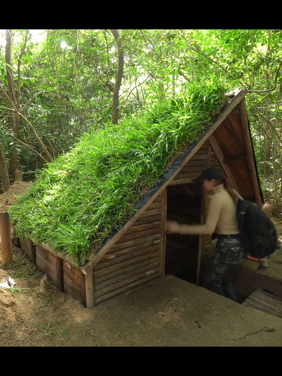 Rainy Season Building Warm Underground Log Cabin Bushcraft Shelter In The Wildness