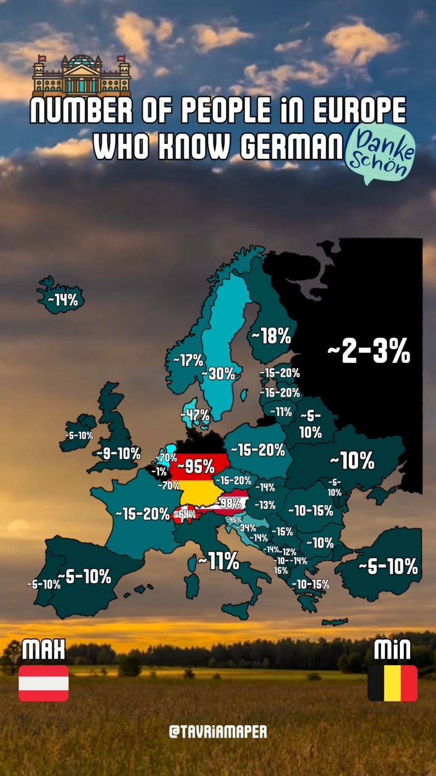 Number of people in Europe who know German #map #maps #mapper #mapping #geography #europe #german #language 