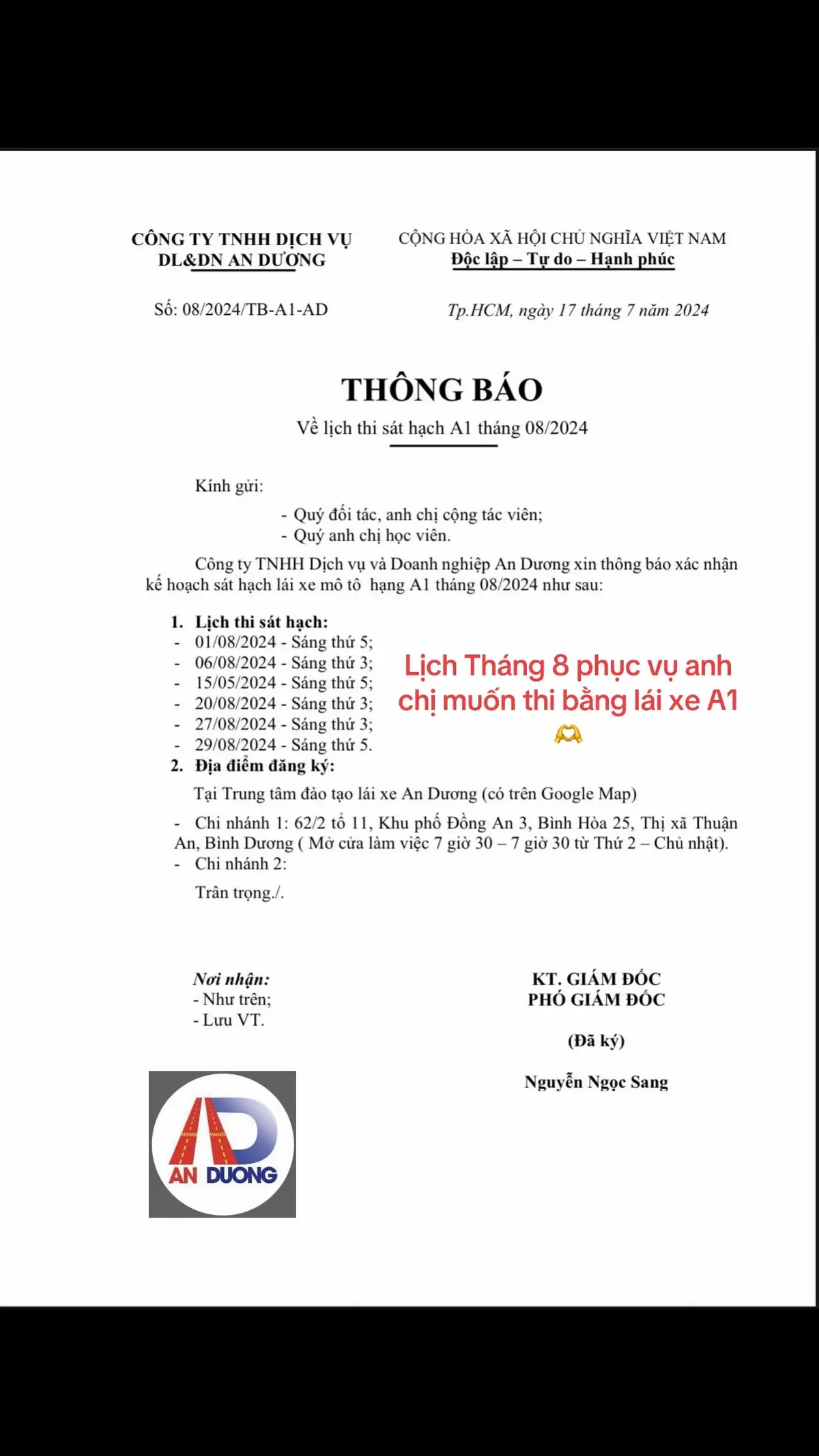 Lịch thi tháng 8 hân hạnh được phục vụ quý học viên 🤝#thaysangtrungtamanduong #thibanglaixe #trungtamanduong #thibanglaixea1 #thibanglaixea2 