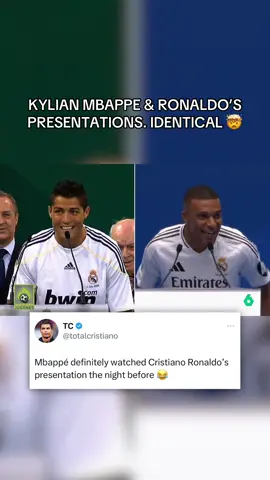 Mbappe’s presentation was identical to Ronaldo’s 15 years ago 🤯🥹 (via: @El Chiringuito TV) #kylianmbappé #kylianmbappe #mbappe #mbappé #cr7 #cristianoronaldo #ronaldo #siuuuu #suiiiiiiiiiiiiiii #goat #legend #wholesome #footballtiktok #futbol #futebol #goviral #foryou #4u #realmadrid #madrid #france #news #wholesome #respect #footy #fifa #bernabeu #ucl ( 🎥  @Real Madrid C.F.) 