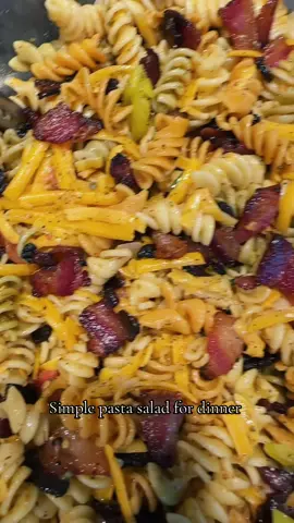 Girrrrrrl dinner!!!!! Just a simple pasta salad tonight. Bacon from one of my Uncles pigs and tomatoes from the yard. 🥰🥰 #fastasyou #pastasalad #girldinner 