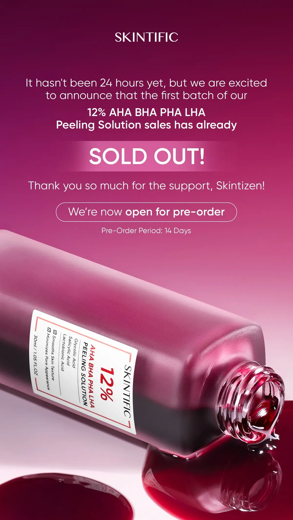 ✨ Thank you so much for your enthusiasm, Skintizen!❣️In less than 24 hours we have sold out our newest 12% AHA BHA PHA LHA Peeling Solution!🙌 Don’t worry the pre-order slots are still available, go get it now!🥰 #skintific #skintificid 