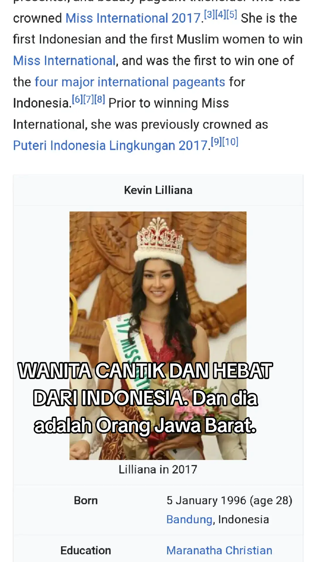 Wanita kelahiran 5 January 1996 ini menjadi Miss International 2017. hidup #jawabarat #kevinlilliana 